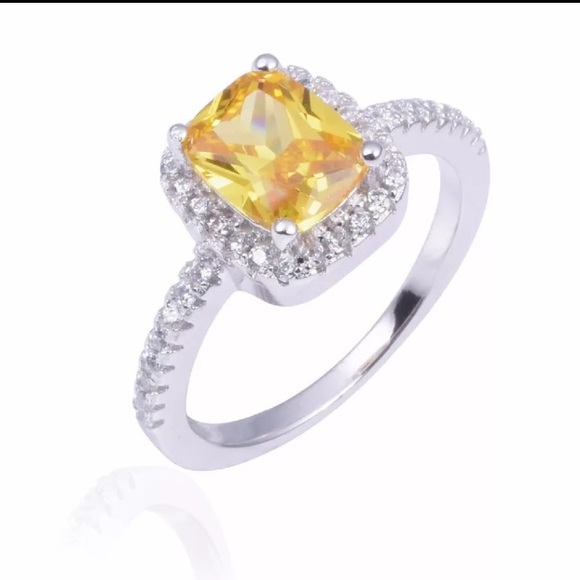 Citrine Rectangular Diamond Halo Silver Ring - Picture 5 of 7